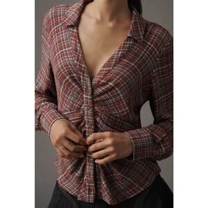 ANTHROPOLOGIE Pilcro Red plaid collared ruched button down long sleeve shirt SML